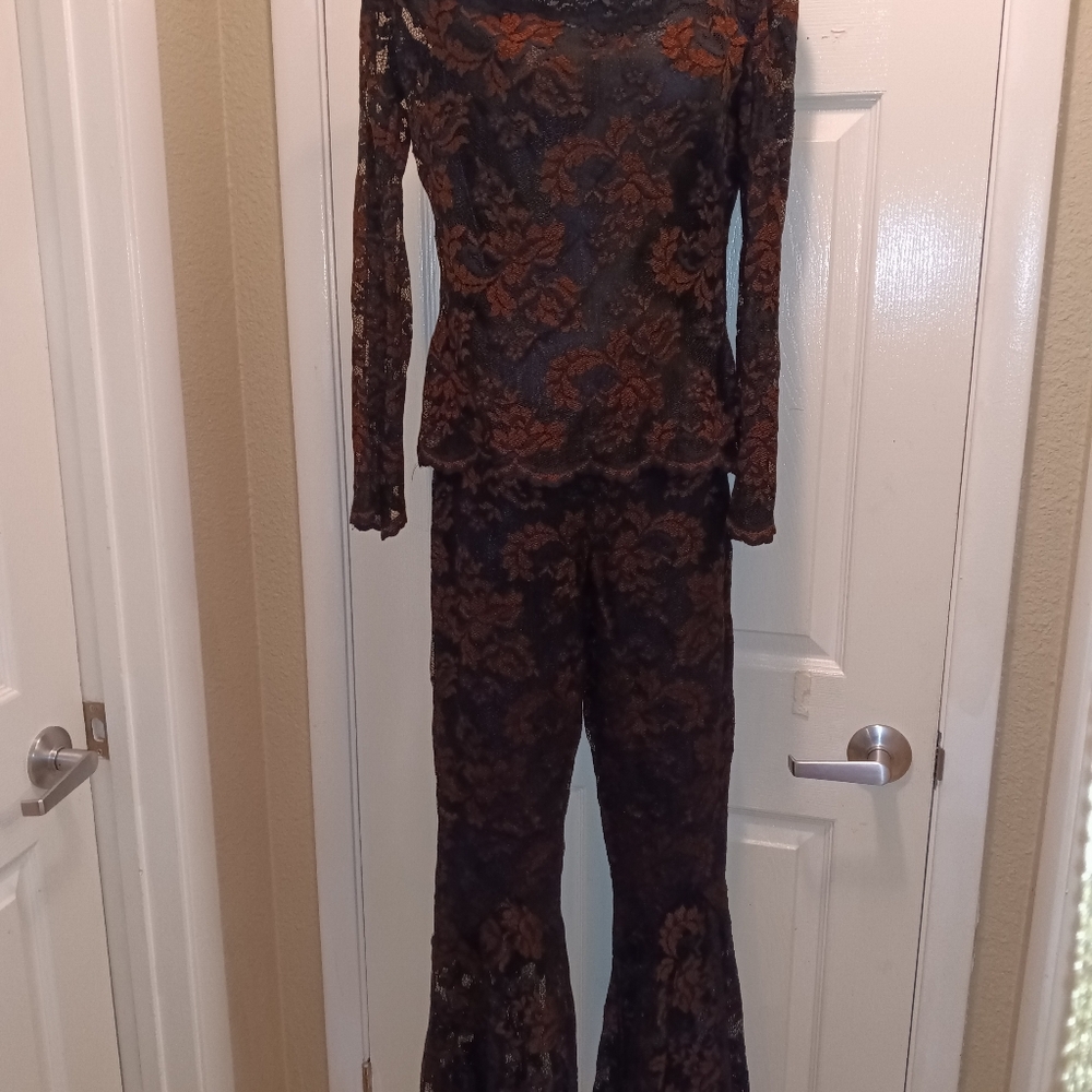 Vintage Casadei Set  Black  Brown Lace Off-Shoulder Top & Flared Pants Sz S - Picture 4 of 15